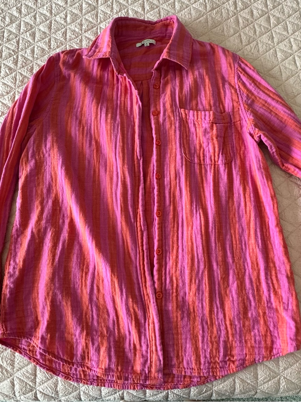Z Supply Pink and Coral Striped Button-Down Shirt